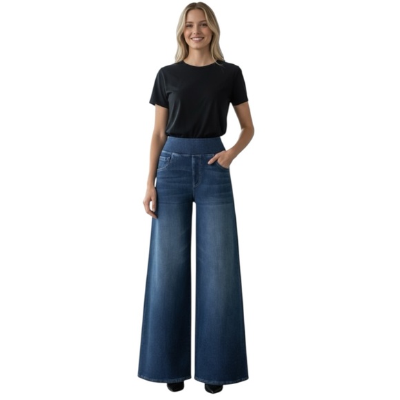 NWT Halara Flex Wide Leg Blue Jeans Size L High Waist Pull On Stretchy Jeans - Picture 1 of 8